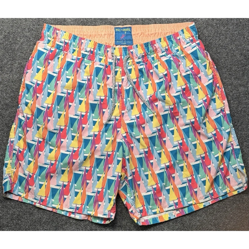 VTG Michaels USA Sailboat Swim Trunks Mens XL Colorful Nautical Lined Beachwear
